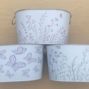 3 Metal Tins Bins Baskets Planter Garden Butterflies Floral Spring Summer Decor